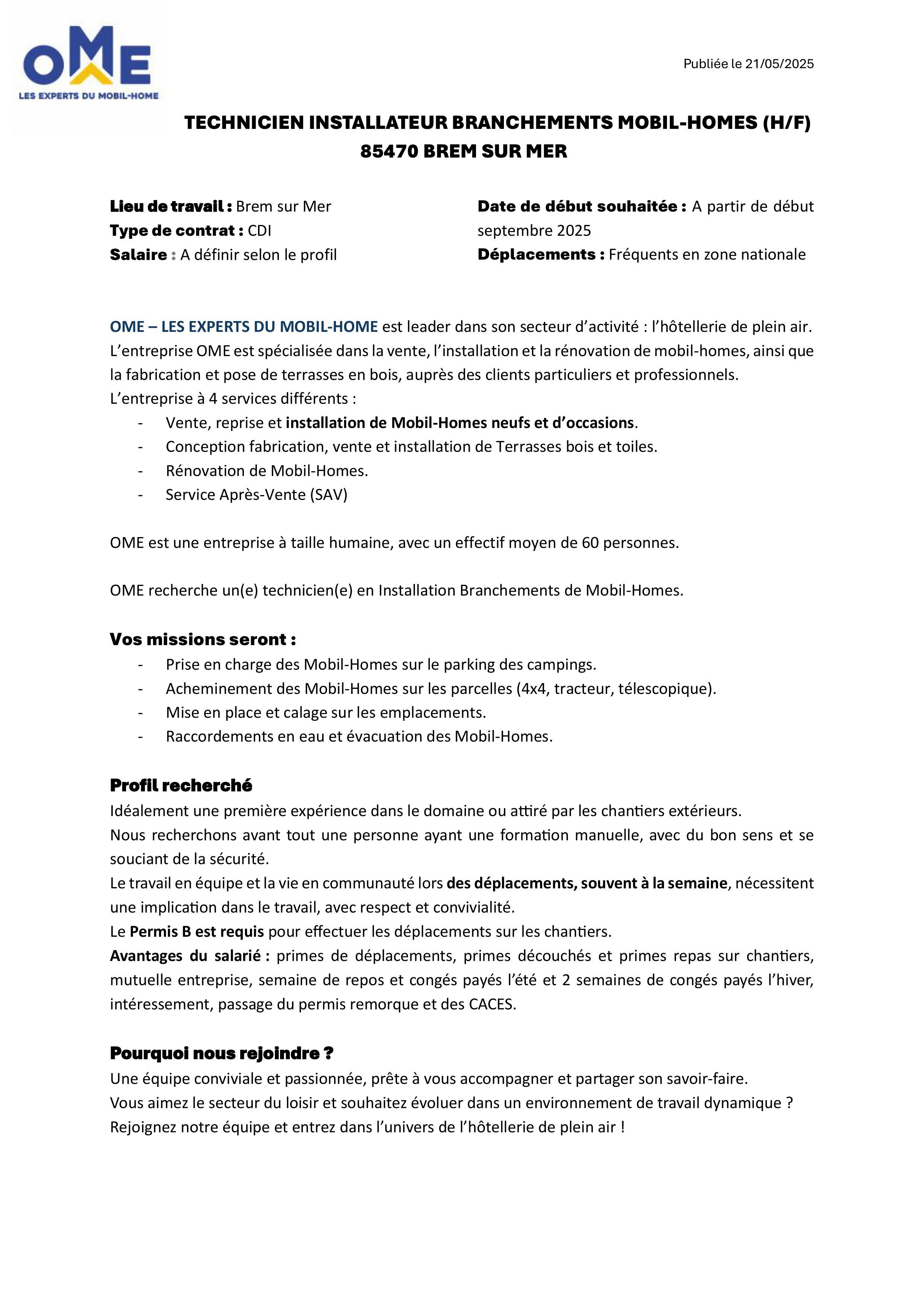 OFFRE D'EMPLOI TECHNICIEN INSTALLATEUR BRANCHEMENTS MOBIL-HOMES A PARTIR DE SEPTEMBRE 2025